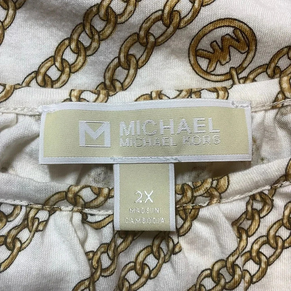 MICHEAL KORS CREAM & BROWN CHAIN DESIGN 3/4 LENGTH RUFFLE SLEEVE TOP/ Size 2X - Picture 3 of 8
